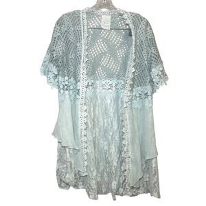 Fleur de Lis Light Blue Lace Crochet Open Front Kimono Boho Layering Festival L
